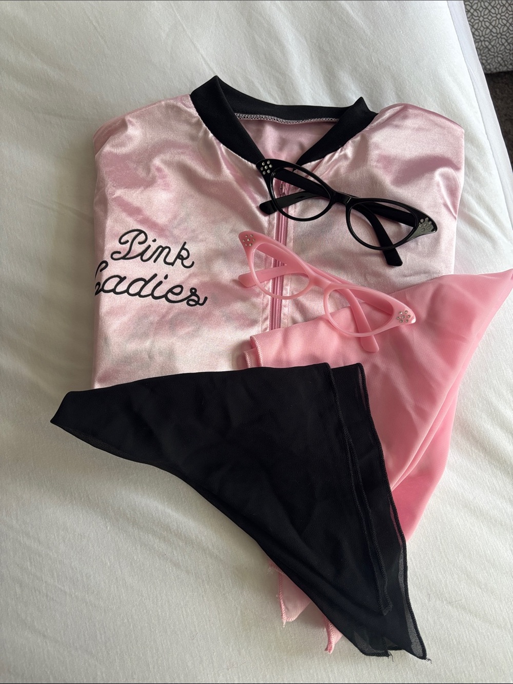 Ladies Pink Ladies Costume Bomber Jacket with Black Trim & Accessories